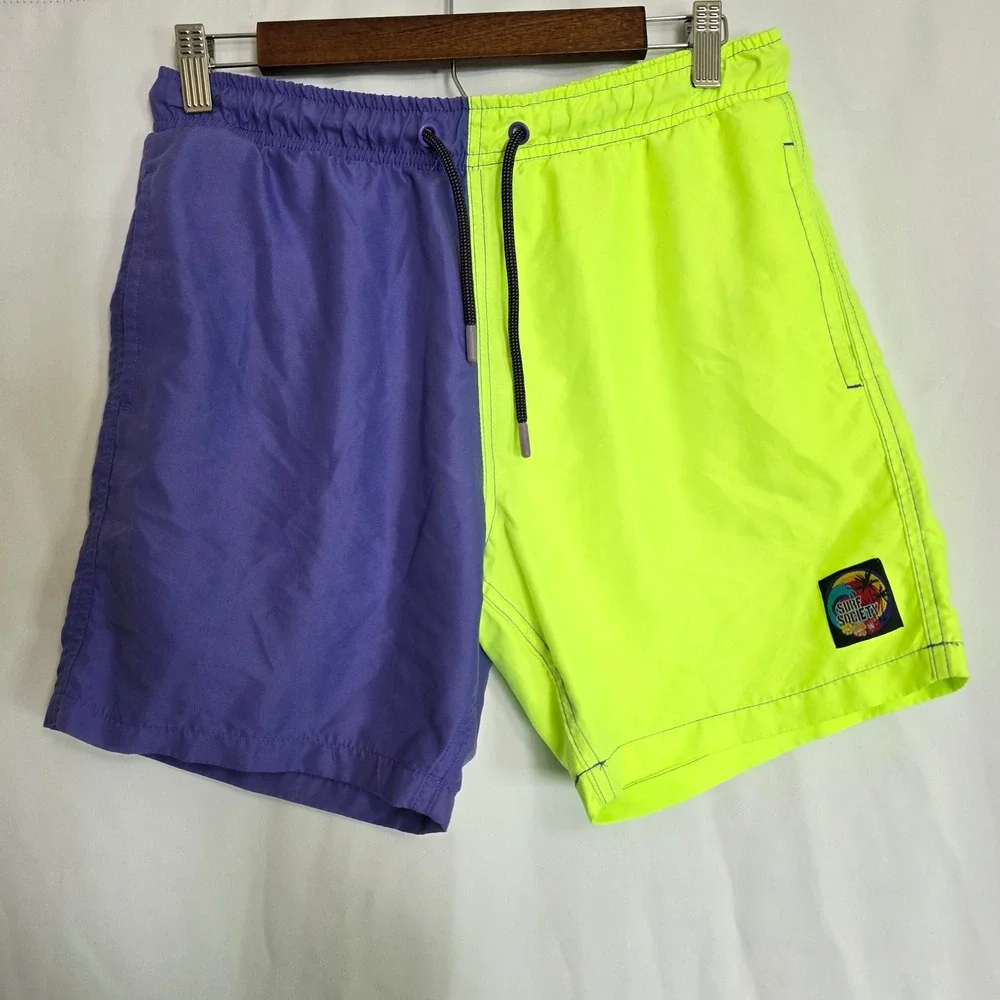 Surf Society Neon Colorblock Swim Trunks Purple Green Y2K Board Shorts Mens M - Picture 2 of 8